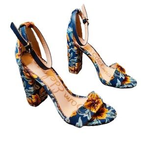 Sam Edelman Yaro Block Heel Sandal Blue Gold Velvet Floral Heels Size 5.5